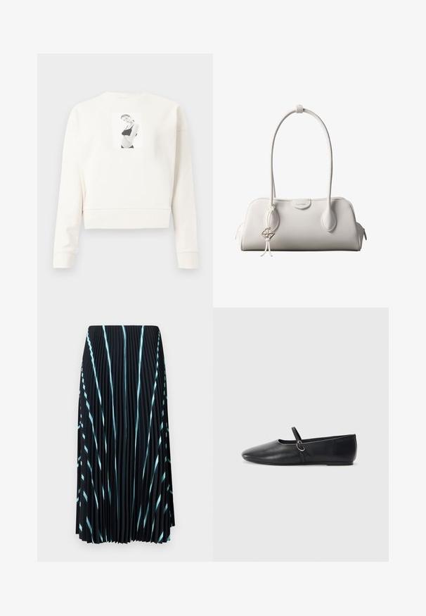 Weißer, langärmeliger, cropped Sweatshirt mit einem schwarz-weißen Druckfoto einer Frau in schwarzer Unterwäsche auf der Vorderseite in der Mitte.; Schwarzer, plissierter Rock mit hellblauen diagonalen Streifen. Hergestellt aus leichtem, strukturiertem Stoff. Fällt bis zur Mitte der Wade und hat keine sichtbaren Verschlüsse.; Schwarze Leder-Ballettschuhe mit spitzem Schuhzeug, flacher Sohle und einem kleinen Riemen mit silberner Schnalle.; Weiße Calvin Klein Schultertasche mit langen Griffen, rechteckiger Form, Reißverschluss und dekorativem Logo-Anhänger, der in der Nähe des Griffs hängt.