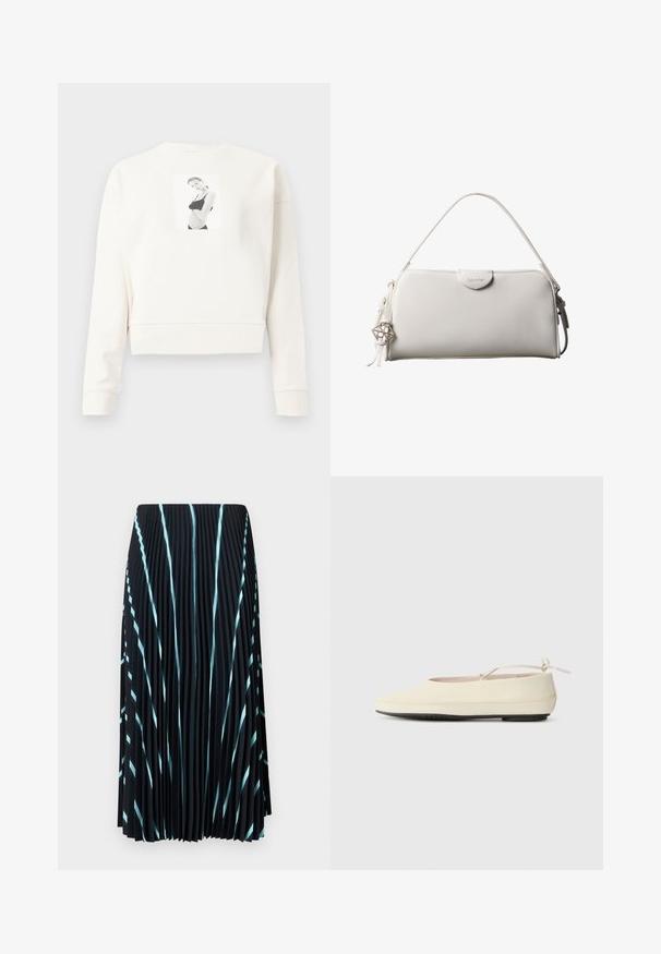 Hvid langærmet cropped sweatshirt med et sort-hvidt trykt billede af en kvinde i sort undertøj på midten foran.; Sort plisseret nederdel med lyseblå diagonale striber. Lavet af letvægts, struktureret stof. Falder til midt på læggen uden synlige lukninger.; Cremefarvede flade sko med rund tå, ankelrem og kontrasterende sort gummisål. Glat materiale med minimal detaljer.; Hvid rektangulær Calvin Klein håndtaske med enkelt håndtag, minimalistisk design og dekorative kvaster med geometrisk metalvedhæng på siden.