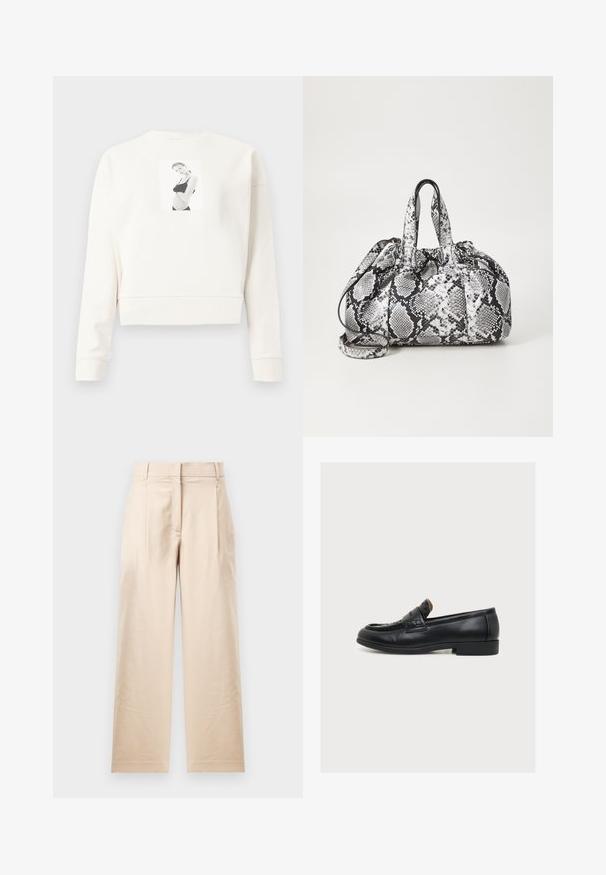 Weißer, langärmeliger, cropped Sweatshirt mit einem schwarz-weißen Druckfoto einer Frau in schwarzer Unterwäsche auf der Vorderseite in der Mitte.; Beige Hose aus glattem Stoff. Mit geradem Schnitt, flachem Bund und zwei Falten. Keine sichtbaren Muster oder Beschläge.; Schwarzer Herrenkalbslederloafer mit niedrigem Absatz, Mokassinnaht und einem dekorativen Riemen über dem Oberteil.; Schwarz-weiße Handtasche im Schlangenhautmuster mit zwei Griffen, einem Kordelzugverschluss und einem abnehmbaren Schultergurt. Glatte Textur.