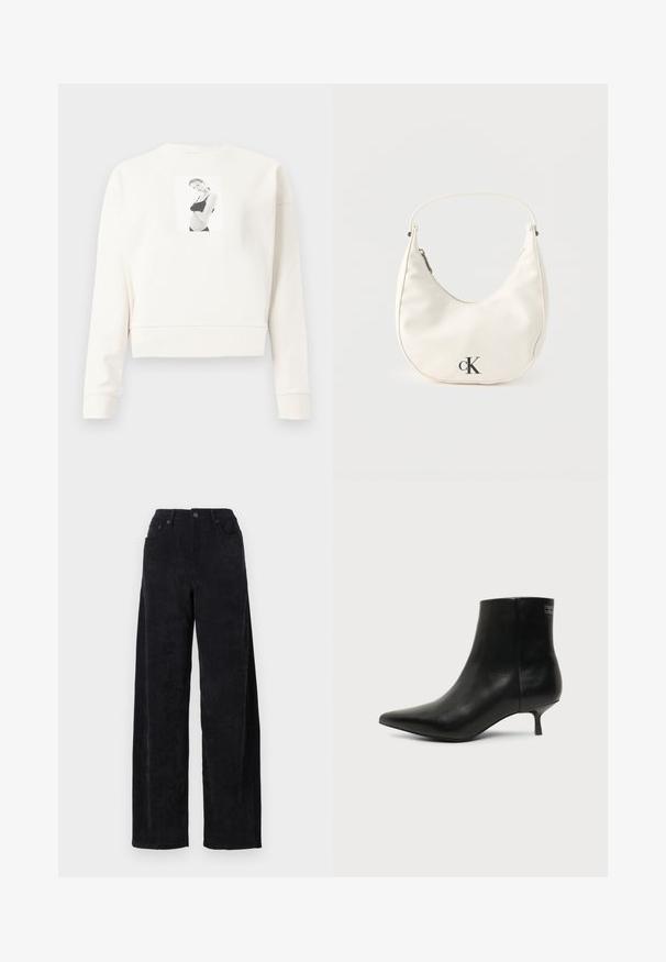 Sudadera corta de manga larga blanca con una fotografía impresa en blanco y negro de una mujer en ropa interior negra en el centro delantero.; Pantalones de sarga ancha negros con una cintura alta, que cuentan con dos bolsillos frontales y una sutil textura de canalé vertical.; Botín de piel negra con puntera puntiaguda y tacón bajo estilo kitten sobre fondo claro, mostrando vista lateral exterior.; Pequeño bolso blanco en forma de media luna con correa corta, cierre de cremallera y logo negro "cK" en el frente.