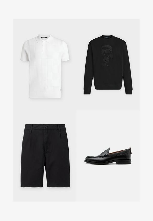 Sweat-shirt noir à manches longues avec une subtile figure de dessin animé embossée portant des lunettes de soleil et un costume au centre avant.; Polo blanc à manches courtes avec motif carré texturé, patte de boutonnage, col classique et petite étiquette de marque sur le bas.; Shorts noirs longueur genou avec fermeture à bouton et zip, passants pour ceinture et poches avant, présentés sur un fond blanc uni.; Mocassin homme en cuir noir avec couture moc toe, bride penny, col texturé et petit talon empilé sur fond blanc.