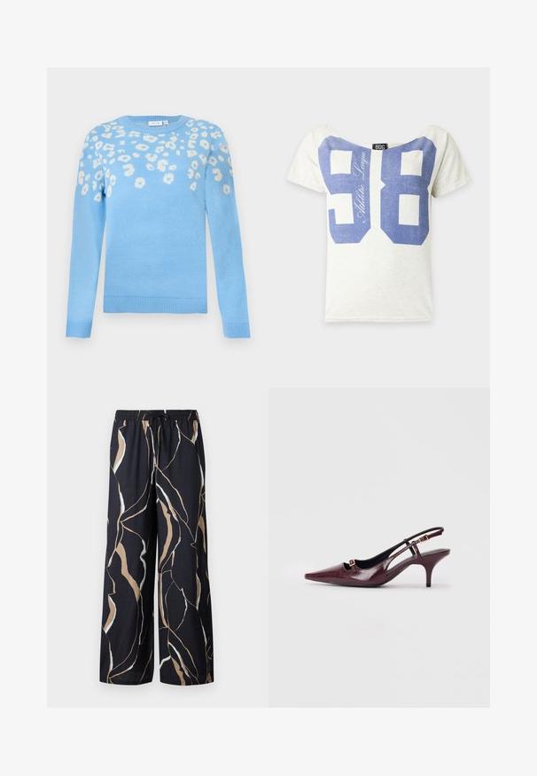 Suéter de punto azul claro con cuello redondo y mangas largas, adornado con detalles de estampado de leopardo blanco en los hombros.; Camiseta blanca de manga corta con el número 98 en azul grande y el texto "Athletic League" en la parte delantera.; Pantalones de pierna ancha en un tejido azul marino oscuro, con un atrevido patrón abstracto en beige y blanco. Cintura elástica con detalle de cordón.; Zapatos de tacón en color burdeos con punta afilada, acabado de cuero brillante, pequeño corte en la parte delantera y un delgado tacón de aguja con acentos dorados.