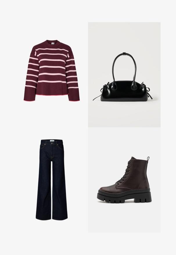 Maroonsweater med horisontale lyserøde striber. Rund halsudskæring, ribbede manchetter og kant. Har et cropped design med lyserøde detaljer.; Mørkeblå bredbenede denimjeans med frontknap og lynlås, bæltestropper og frontlommer, vist på en hvid baggrund.; Brune læder ankelstøvler med en rund tå, sort kraftig sål og snørredetaljer. Har en bageste løkke for nem påtagning.; Lille sort blank håndtaske med to lange håndtag og snøre-detaljer i siden på en ensfarvet lys baggrund.