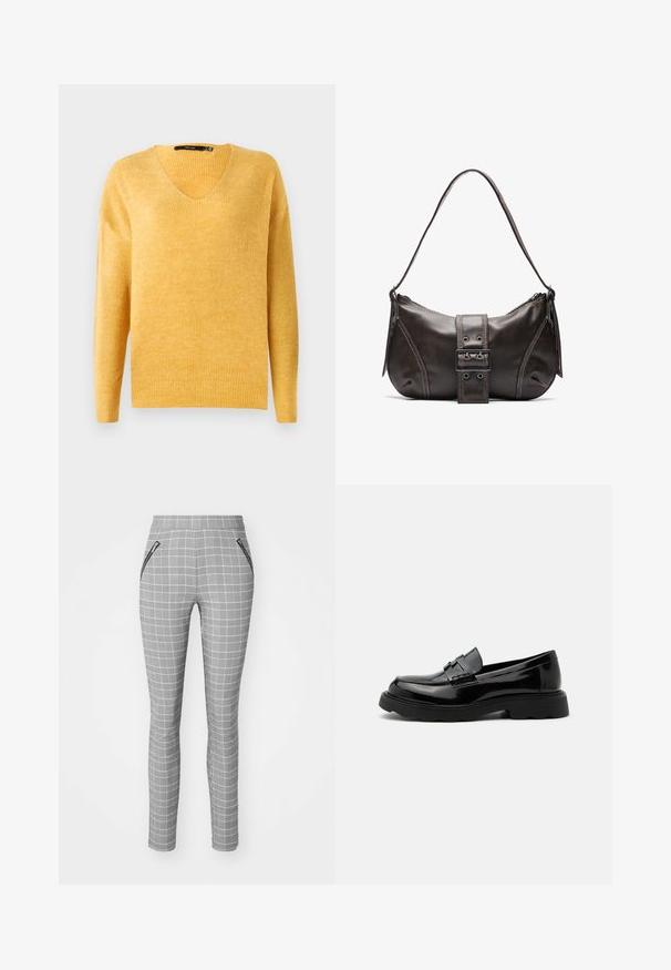Pull en maille côtelée jaune avec un col en V et des manches longues. Texture douce, coupe légèrement ample et design décontracté.; Pantalons à carreaux gris avec une coupe slim, dotés d'une taille haute et de poches latérales zippées. Le tissu a une texture lisse et un motif détaillé.; Mocassin noir en cuir brillant avec une semelle épaisse et une bride décorative sur le dessus, sur un fond uni gris clair.; Sac à épaule en cuir marron avec une forme courbée, présentant un détail de boucle proéminent, des coutures contrastantes et une seule bandoulière.