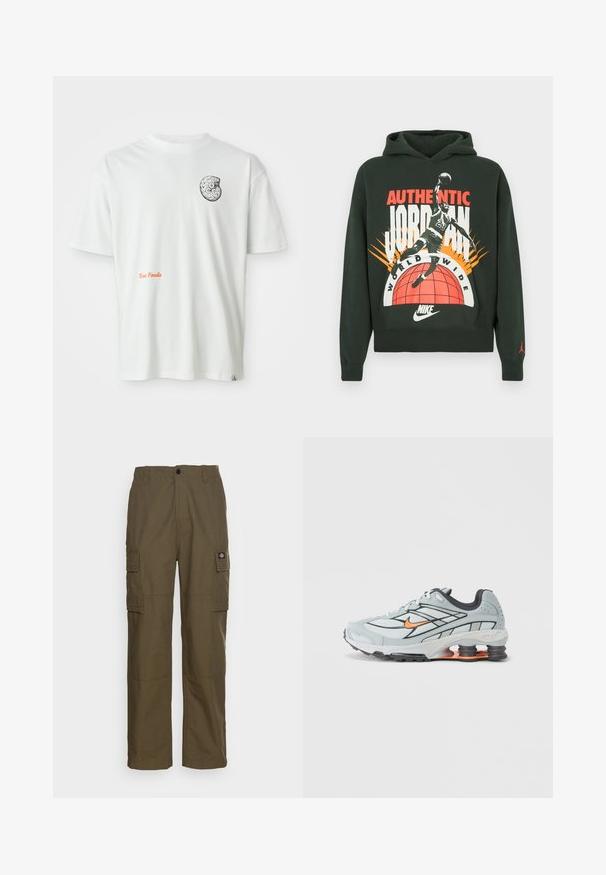 Sweat à capuche vert foncé avec un grand imprimé graphique comprenant le texte « AUTHENTIC JORDAN WORLD WIDE », une illustration de joueur de basket-ball, et le logo Nike.; T-shirt blanc à manches courtes avec un design de fossile abstrait en noir et blanc sur la poitrine gauche et le texte orange "Texas Fossils" sur le devant.; Pantalons cargo en vert olive, fabriqués en tissu durable. Présentent deux poches latérales, une taille standard et une coupe droite.; Chaussure de course gris clair avec accents noirs, logo orange, tige en mesh, col rembourré et semelle en caoutchouc avec unités d'absorption des chocs visibles.