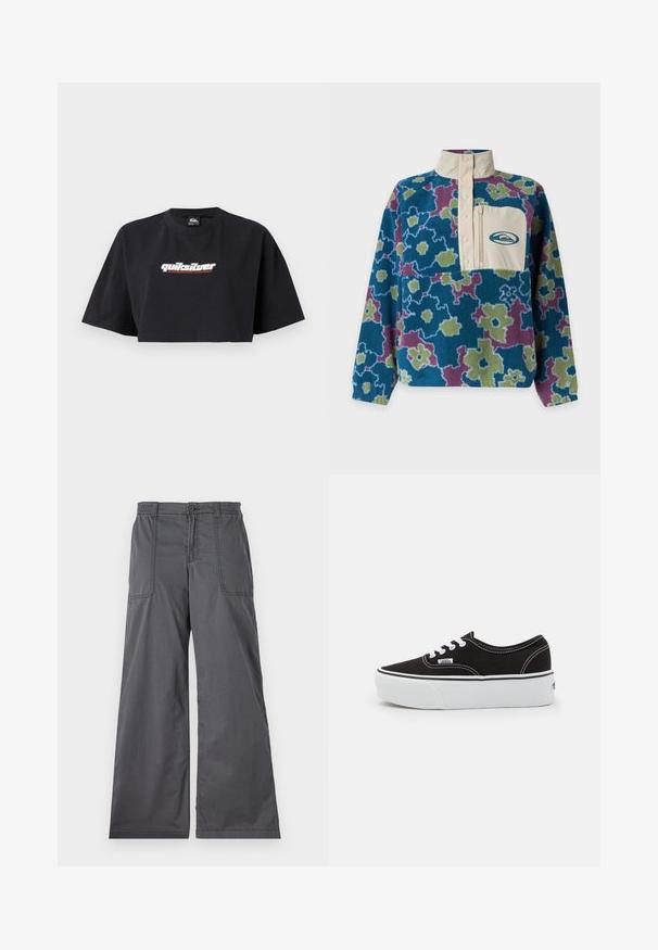 Fleece trui met lange mouwen met een blauw, groen en paars bloemenpatroon, beige hoge kraag en beige borstzak met rits en logo.; Zwarte crop top t-shirt, korte mouwen, gemaakt van katoen. Voorzijde toont het logo "Quiksilver Boarding Company" in wit en rood.; Grijze wijde broek met een gladde textuur, voorzien van voorzakken, een knoopsluiting en gestikte details langs de naden.; Zwarte canvas sneaker met een witte rubberen platformzool, voorzien van witte veters en stiksels, iconische branding op de zijkant, low-top ontwerp.