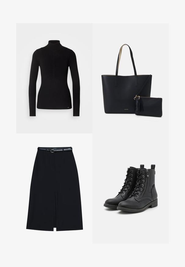 Pull en maille côtelée noir à col roulé, avec des manches longues, un tissu texturé, un détail froncé à l'avant et un accent logo subtil à l'ourlet.; Jupe noire à mi-cuisse avec une fente frontale, fabriquée en tissu lisse. Comprend une fine ceinture noire avec une boucle en argent et des passants.; Bottes noires à la cheville en matériau semblable au cuir, avec des lacets, une fermeture éclair sur le côté et des détails texturés sur l'empeigne et la semelle. Talon bas.; Sac fourre-tout noir avec un matériau texturé, deux longues anses et une pochette zippée amovible avec un détail de pompon. Logo de la marque en orvisible.