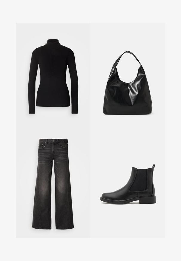 Sort ribbet rullekravesweater med lange ærmer, tekstureret stof, samlet detalje foran og en diskret logoaccent ved kanten.; Sorte vidde-ben denimjeans med falmede detaljer, fem-lomme design, knap- og lynlåslukning.; Sort læder Chelsea-boot med elastiske sidepaneller, rund tå og en lav blokhæl. Glat tekstur og minimalistisk design.; Sort læder hobo taske med en blød, skinnende tekstur og en rund, åben top. Har en bred, buet strop til bæring. Ingen synlig hardware.