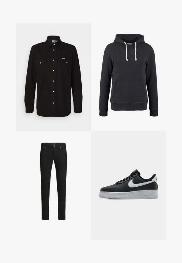 Schwarzer Hoodie aus weichem Stoff mit einer Kängurutasche, verstellbaren Kordeln und gerippten Bündchen und Saum.; Schwarzes Button-Up-Hemd mit spitzem Kragen, zwei Brusttaschen, weißen Druckknöpfen und strukturiertem Stoff. Wrangler-Logo auf der linken Brust.; Schmal geschnittene schwarze Jeans mit fünf Taschen, Knopfverschluss und Gürtelschlaufen, etikettiert mit Jack & Jones.; Schwarze Ledersneaker mit strukturierten Oberflächen, weißem Nike-Swoosh, grauer Sohle, runder Zehenpartie und Schnürdesign. Verfügt über Perforationen an der Zehenbox.