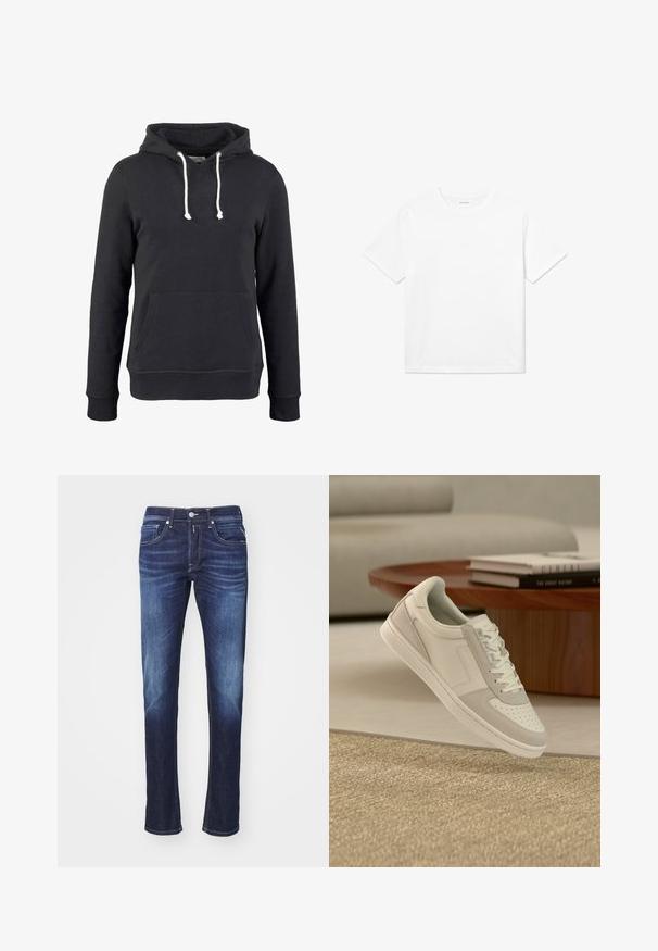 Zwarte hoodie van zacht materiaal met een buidelzak, verstelbare koordjes en ribgebreide manchetten en onderrand.; Witte katoenen T-shirt met korte mouwen, een ronde halslijn en een rechte zoom. Glad textuur zonder zichtbare patronen of accenten.; Donkerblauwe denim jeans met een rechte pijp, voorzien van vijf zakken, een knopenrits en subtiele vervaging langs de dijen.; Witte leren sneaker met lichtgrijze suède accenten, ronde neus, geperforeerde wreef en platte veters. Geplaatst tegen een achtergrond in neutrale tinten.