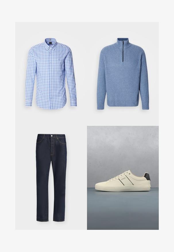 Lyst blå ribbestrikket sweater med opretstående krave og en delvis lynlås ved halsen; har lange ærmer og en lige kant.; Blå og hvid ternet skjorte med lange ærmer, knap-ned krave og logo broderi på brystet. Glat bomuldsstof.; Mørkeblå denimjeans med lige ben, forreste lukning med knap og lynlås, bæltestropper samt for- og baglommer.; Cremefarvede sneakers med en glat tekstur, der har sorte accenter og branding. Klassisk snørebåndsdesign med rund tå og gummisål.