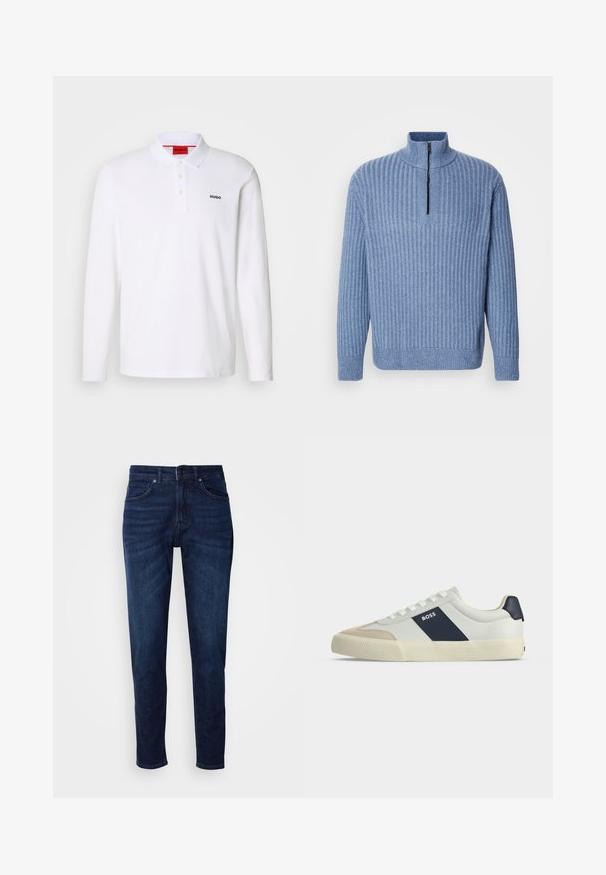 Suéter de punto acanalado en azul claro, con cuello alto y una cremallera parcial en el cuello; cuenta con mangas largas y un dobladillo recto.; Camisa polo blanca de manga larga hecha de algodón con cuello, tapeta de tres botones y el logo negro "HUGO" en el lado izquierdo del pecho.; Jeans de mezclilla azul oscuro con un diseño de pierna recta, que cuentan con bolsillos y un cierre de botón en la cintura. Textura suave, detalles de desvanecimiento mínimos.; Zapatilla blanca de caña baja con puntera beige, franja lateral azul marino con etiqueta BOSS, cordones blancos y suela de goma sobre fondo neutro.
