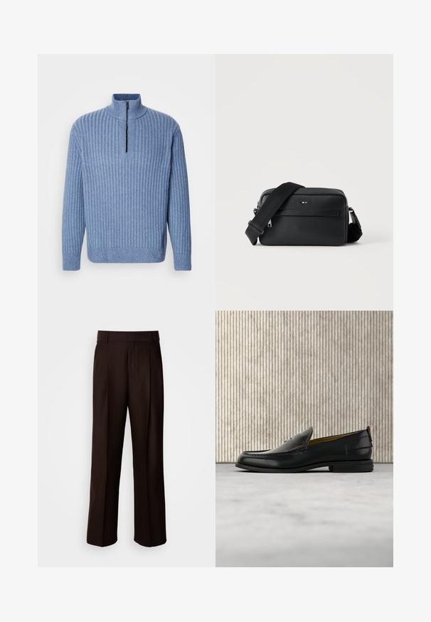 Lyst blå ribbestrikket sweater med opretstående krave og en delvis lynlås ved halsen; har lange ærmer og en lige kant.; Brune skræddersyede bukser med lige ben, featuring en frontfold, glat texture og klassisk talje. Egnet til formelt brug.; Sort læder herreloafer med krokodillepræget forstykke og lav hæl, vist i profil på en neutral baggrund.; Sort tekstureret læder crossbody taske med front lynlåslomme og justerbar bred stofskulderrem på hvid baggrund.