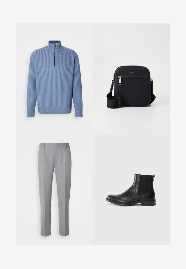 Lyst blå ribbestrikket sweater med opretstående krave og en delvis lynlås ved halsen; har lange ærmer og en lige kant.; Grå skræddersyede bukser med en glat tekstur, som har en flad front, lige ben og diskrete folder for ekstra detalje.; Sort læder Chelsea-støvle med elastiske sidepaneler, afrundet tå og lav, stablet hæl. Har en rød løftestrop og subtil branding på siden.; Sort skuldertaske i læder med en glat tekstur, har en lynlåslomme foran, justerbar rem og et elegant firkantet design.