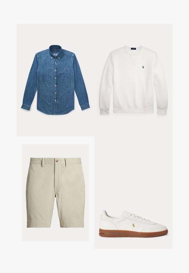 Weißes Sweatshirt mit langen Ärmeln und Rundhalsausschnitt mit kleinem dunkelblauem Polo Ralph Lauren-Logo auf der linken Brust.; Langärmeliges blaues Denim-Hemd mit Knöpfen, Kragen und kleinem eingesticktem Logo auf der linken Brust.; Beige knielange Shorts mit Gürtelschlaufen, Knopfverschluss und Reißverschluss, vor weißem Hintergrund dargestellt.; Weißer Sneaker mit niedrigem Schnitt, brauner Sohle, Schnürung vorne und kleinem goldfarbenem Polo Ralph Lauren Logo an der Seite.