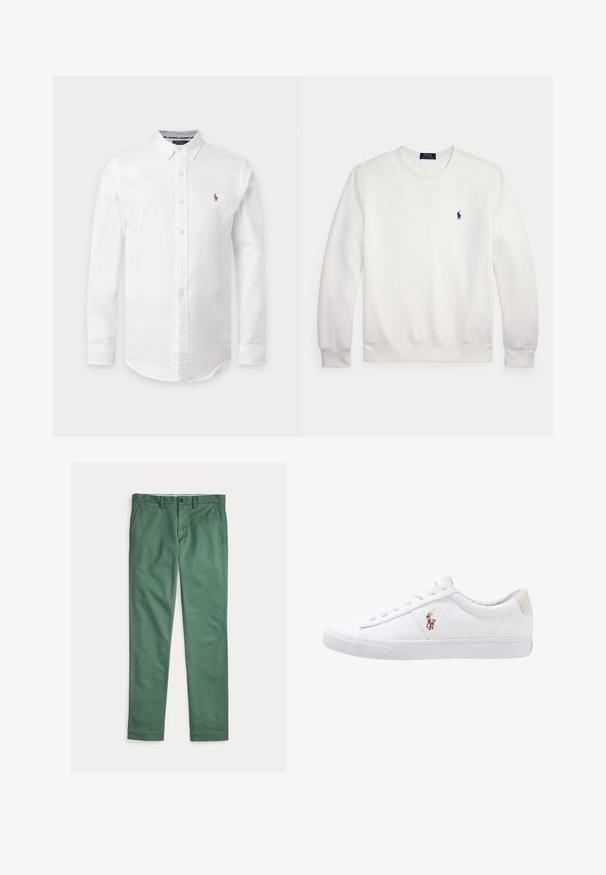 Hvid langærmet sweatshirt med rund hals og lille marineblåt Polo Ralph Lauren-logo på venstre bryst.; Hvid langærmet skjorte med knapper og knappekrave samt et lille broderet logo på venstre bryst.; Grønne herrebukser med lige ben, forlommer, bæltestropper og knaplukning, vist fladt på en hvid baggrund.; Hvide kanvas sneakers med lågtop design, prydet med en beige hælkappe og et lille broderet logo på siden. Gummisål.