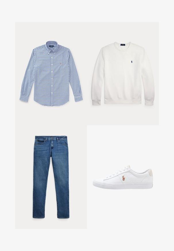 Witte lange mouwen crewneck trui met klein marineblauw Polo Ralph Lauren-logo op de linkerborst.; Blauw-wit geruit overhemd met lange mouwen, een kraag en een klein geborduurd logo op de linkerborst.; Blauwe denim jeans met een slim fit, voorzien van voorkantzakken, riemlussen en een knoopsluiting op een witte achtergrond.; Witte canvas sneakers met een laag ontwerp, featuring een beige hieltab en een klein geborduurd logo aan de zijkant. Rubber zool.