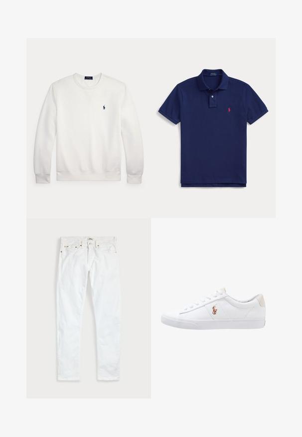 Sudadera blanca de manga larga con cuello redondo y pequeño logo Polo Ralph Lauren azul marino en el pecho izquierdo.; Polo azul marino con cuello, tapeta con dos botones, mangas cortas y pequeño logo rojo de Ralph Lauren en el pecho izquierdo.; Vaqueros blancos de corte ajustado con cinco bolsillos, cierre de botones y trabillas para cinturón, extendidos sobre un fondo liso y claro.; Zapatilla de lona blanca con diseño de corte bajo, que cuenta con un taco trasero beige y un pequeño logo bordado en el costado. Suela de goma.