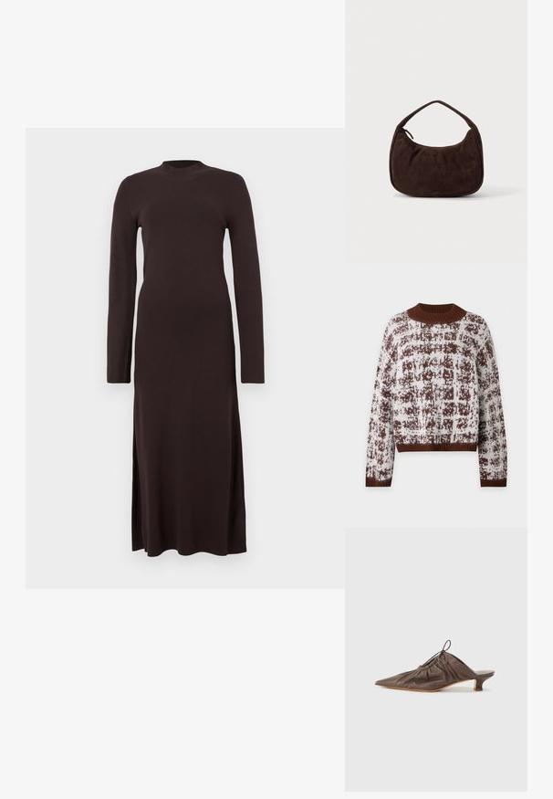 Pull en maille marron et blanc à motifs avec col, poignets et ourlet en côtes, avec un col ras du cou haut et des manches longues.; Robe en tricot marron à manches longues avec un col haut et des fentes sur les côtés. Texture lisse et silhouette ajustée. Design simple et minimal.; Mule en cuir marron avec un bout pointu, texture froncée, petit talon et un accent de cordon de serrage à l'ouverture. Fini lisse.; Sac à main en daim marron foncé avec une courte sangle et une forme rectangulaire arrondie sur un fond uni clair.