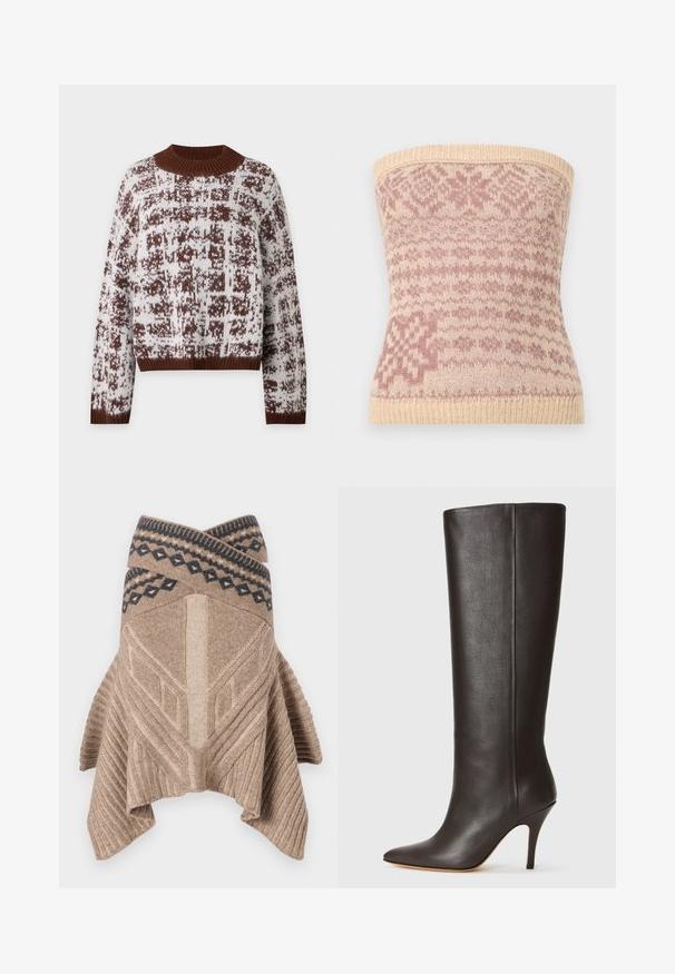 Bruin-witte gebreide trui met geribde kraag, manchetten en zoom, met een hoge ronde hals en lange mouwen.; Gehaakte strapless top in beige met roze geometrische patronen. Kenmerkt zich door een geribbelde zoom en een zachte textuur, geschikt voor het dragen in lagen.; Beige gebreide poncho met een geribbelde textuur, geometrisch ontwerp en een contrasterende geborduurde rand in donkerblauw. Gekleed met een asymmetrische zoom.; Zwarte leren kniehoog laars met een spitse neus, strak ontwerp en een dunne hoge hak. Gladde textuur en minimale detaillering.