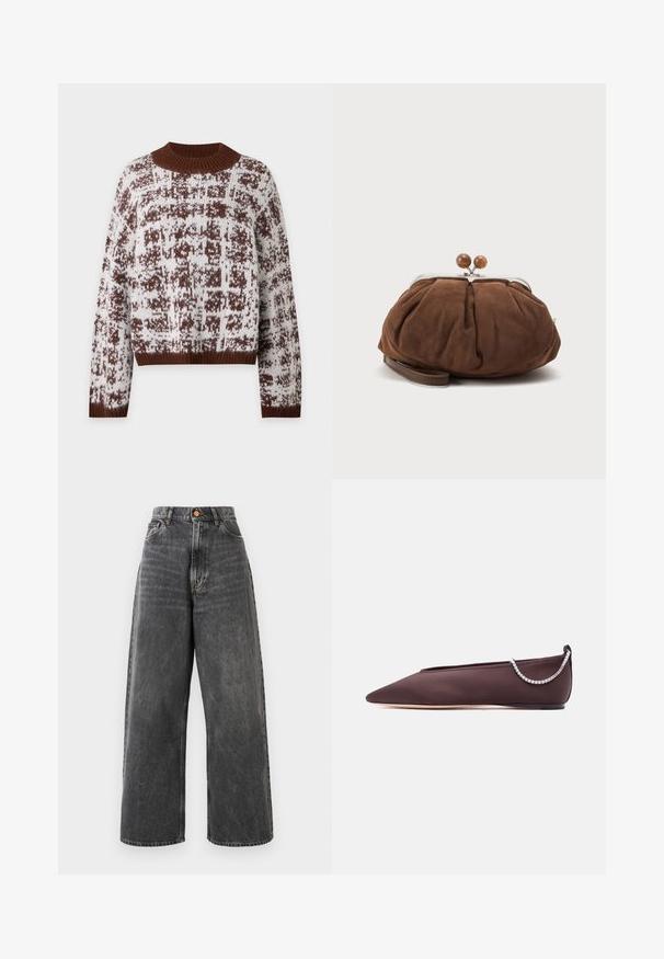 Brun og hvid mønstret striktrøje med ribbet krave, manchetter og kant, med høj rund halsudskæring og lange ærmer.; Højtaljede, brede jeans i falmet sort denim med frontlommer, bæltesløjfer og kobberknaplukning.; Mørkebrun flad sko med spids tå, lav hæl og en sølvfarvet rhinstenkæde detalje bagpå.; Blød brun ruskindshåndtaske med sølvmetal ramme og runde brune låsekugler på en ensfarvet lys baggrund.