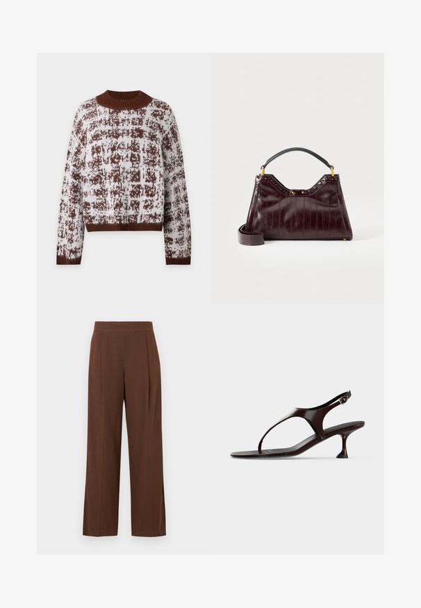 Pull en maille marron et blanc à motifs avec col, poignets et ourlet en côtes, avec un col ras du cou haut et des manches longues.; Pantalon marron à jambes larges avec une texture lisse, présentant un devant plat et des plis. La taille est élastiquée pour le confort et l'ajustement.; Sandale slingback en cuir verni marron foncé avec petit talon et bride entre les orteils sur fond blanc.; Sac à main en cuir bordeaux foncé avec motif texturé, poignée supérieure noire, accessoires dorés et bandoulière amovible sur fond blanc.
