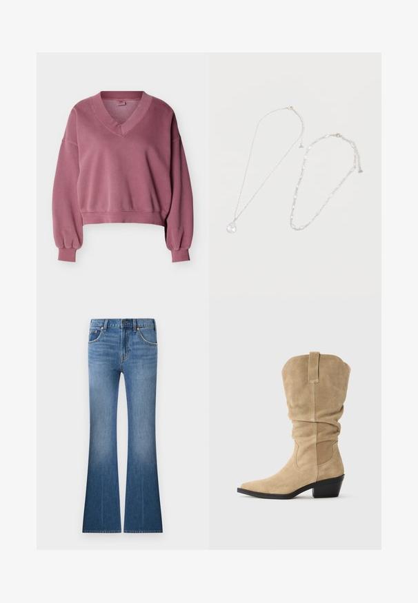 Mauvefarbener, kurz geschnittener Pullover mit V-Ausschnitt, langen, gepufften Ärmeln, gerippten Bündchen und geripptem Saum auf weißem Hintergrund.; Blaue Jeans aus Denim mit hoher Taille, Fronttaschen, Knopf- und Reißverschluss sowie ausgestellten Beinen.; Beige Wildleder-Cowboystiefel mit schlaffem Schaft, spitzem Zehenbereich und Blockabsatz. Glatte Textur mit minimaler Nahtführung und einem Zugschlaufen-Detail hinten.; Zwei silberne Halsketten auf weißem Hintergrund, eine mit Tropfen-förmigem Kristallanhänger, die andere mit ovalen Kristallgliedern.