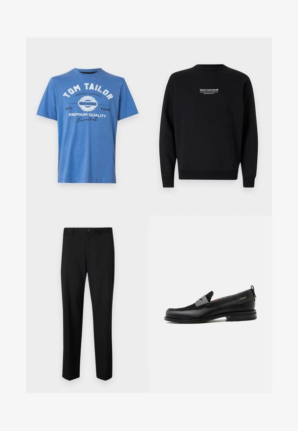 Schwarzes Sweatshirt aus Baumwolle mit Rundhalsausschnitt. Es hat einen Frontdruck in weißem Text mit "Denim Tom Tailor" und Details zum Designstudio.; Blaue kurzärmlige T-Shirt aus Baumwolle. Mit bedrucktem Text "TOM TAILOR" und Logo. Klassischer Rundhalsausschnitt und gerader Saum.; Schwarze maßgeschneiderte Hose mit flachem Frontschnitt, normaler Taille und geraden Beinen. Hergestellt aus glattem Material, mit einem einzelnen Knopfverschluss.; Schwarzer Lederloafer mit grauem Riemendetail, niedrigem Absatz und strukturierter Sohle, seitlich mit „HUGO“ in Gold gebrandmarkt.