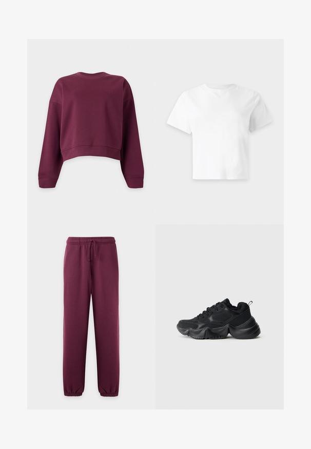 Langærmet, kort cropped sweatshirt med rund hals i solid mørk burgundy farve med ribstrikkede manchetter og kant.; Enkel hvid T-shirt med korte ærmer, rund hals og lige kant, vist på en blank lysegrå baggrund.; Mørkelilla joggingbukser med elastik i taljen og snøre, afsmalnede ben og elastiske manchetter ved anklerne.; Sorte sneakers med en blanding af glatte og strukturerede materialer, tykke såler, rund form og dekorativ stikning. Har en blød, fyldig kant.