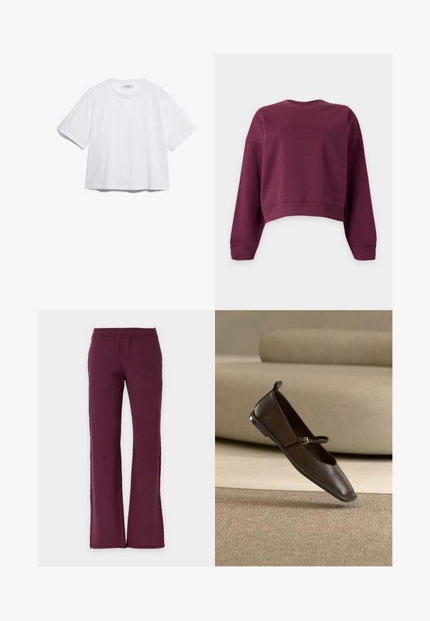 Sudadera cropped de manga larga y cuello redondo en color burdeos oscuro sólido con puños y dobladillo acanalados.; Camiseta de algodón blanca con manga corta, escote redondo, corte relajado y sin patrones o gráficos visibles. Textura suave y diseño sencillo.; Pantalones de pierna recta en color burdeos oscuro liso con cintura elástica, hechos de tela suave.; Zapato plano Mary Jane de cuero marrón oscuro con una pequeña hebilla, colocado en posición vertical sobre una alfombra beige frente a un sofá de color claro.