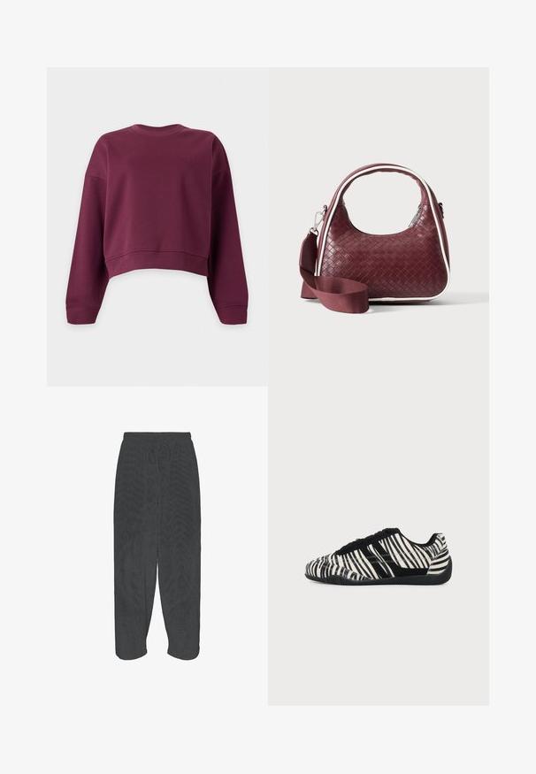 Sweat-shirt court à manches longues et col rond, de couleur bordeaux foncé uni, avec poignets et ourlet côtelés.; Pantalon noir coupe ample avec ceinture élastique et cordon, présenté à plat sur fond blanc.; Baskets à lacets noires et blanches avec motif rayures zèbre et semelle noire texturée sur un fond clair uni.; Sac à main en cuir tressé marron foncé avec poignée courbée, garniture blanche, fermeture éclair argentée et bandoulière large en tissu amovible sur fond uni.