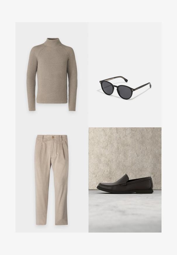 Beige ribbet turtleneck sweater med lange ærmer, som har en tætsiddende silhuet og struktureret strikkemønster. Lavet af et blødt materiale.; Beige kordfløjspants med elastisk talje, knaplukning og plisseelementer, har et lige ben-design og struktureret stof.; Mørkebrun læderloafers med en rund tå, diskrete syninger og en lav gummisål. Glat tekstur med en fleksibel pasform.; BOSS Solbriller - black