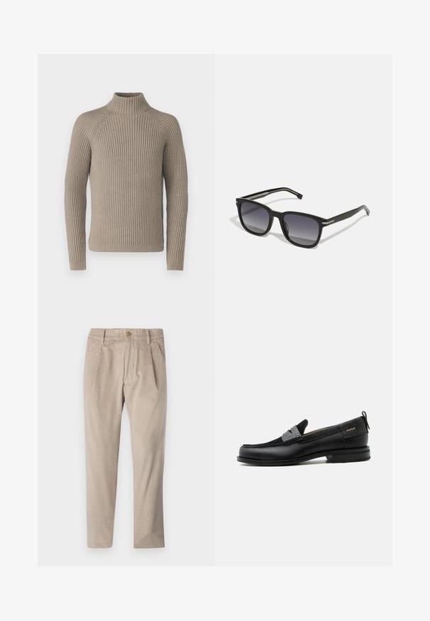 Beige ribbet turtleneck sweater med lange ærmer, som har en tætsiddende silhuet og struktureret strikkemønster. Lavet af et blødt materiale.; Beige kordfløjspants med elastisk talje, knaplukning og plisseelementer, har et lige ben-design og struktureret stof.; Sort læderloafer med grå remdetalje, lav hæl og tekstureret sål, mærket med "HUGO" i guld på siden.; BOSS Solbriller - black