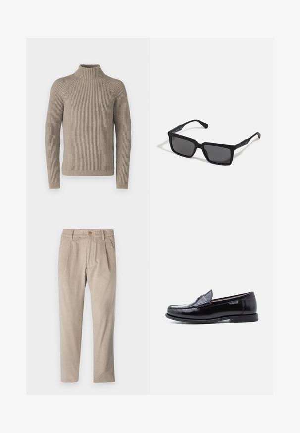 Beige ribbet turtleneck sweater med lange ærmer, som har en tætsiddende silhuet og struktureret strikkemønster. Lavet af et blødt materiale.; Beige kordfløjspants med elastisk talje, knaplukning og plisseelementer, har et lige ben-design og struktureret stof.; Sorte læderloafer med en blank finish, der har et syet mønster på tåen og en lav, tekstureret sort gummisål.; Sorte solbriller med rektangulære linser, mat finish, tykke stel og slanke arme med en subtil brandingdetalje.