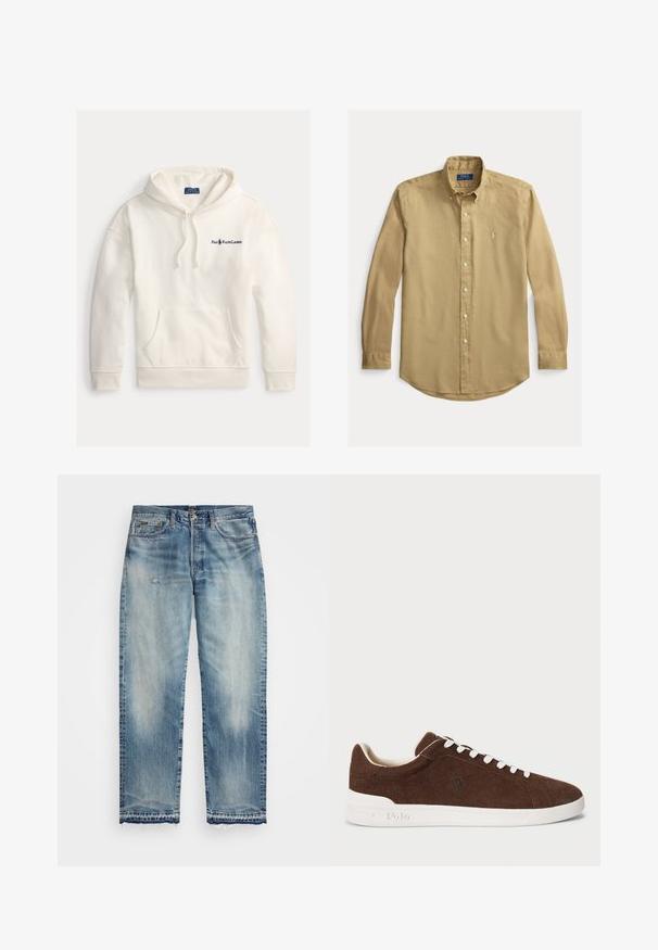 Valge puuvillane kapuutsiga sviiter, millel on ees suur tasku, reguleeritav kapuuts ja vasakul rinnal tikandiga "Polo Ralph Lauren" logo.; Nuppudega kinnitatav khaki-pikkade varrukatega särk. Valmistatud tekstuurse kangaga, sirge äärega, esiosas väike tikitud logo.; Heledad sinine teksapüksid sirge lõikega, pleekinud aladega, kerge kulumisega, toore äärega ja traditsioonilise viie taskuga disainiga.; Pruunist sametist madalad tossud valge kummist tallaga, valge ketsikett ja polo logo tikkimisena küljel.
