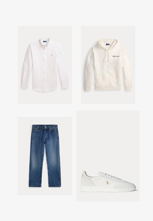Weißer Baumwoll-Hoodie mit Kängurutasche, Kapuze mit Kordelzug und gesticktem "Polo Ralph Lauren"-Logo auf der linken Brust.; Weißes Hemd mit Knopfleiste, hellen Streifen, langen Ärmeln, spitzem Kragen und gesticktem Logo auf der Brust. Baumwollmaterial, glatte Textur.; Straight-leg blaue Jeans mit ausgewaschenen Details, fünf Taschen, Gürtelschlaufen und Knopf- und Reißverschlussverschluss, Polo Ralph Lauren Etikett innen.; Weißer Sneaker in niedriger Ausführung mit Schnürdesign, goldenem Polo Ralph Lauren Logo an der Seite und strukturierter Sohle auf einfarbigem Hintergrund.
