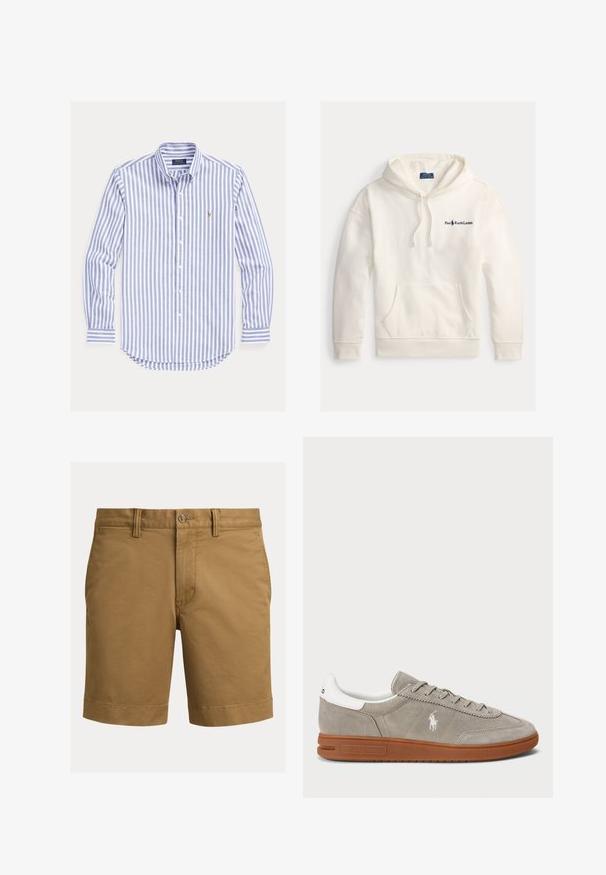 Valkoinen puuvillahuppari, jossa on kengurupussi, nyörillä säädettävä huppu ja brodeerattu "Polo Ralph Lauren" -logo vasemmassa rinnassa.; Sinivalkoinen pystysuora raidallinen pitkähihainen napillinen kauluspaita, jossa on nappikiinnitys ja pieni kirjailtu logo rinnassa.; Miesten kahvinväriset puuvillahousut, joissa on vyölenkit, etukappaleen nappikiinnitys ja sivutaskut, esillä valkoista taustaa vasten.; Harmaa mokkanahkainen tennari, jossa on valkoiset nahkaosat, pyöreä kärki, sävyyn sopivat nauhat ja ruskea kumipohja. Sivussa on brodeerattu logo.