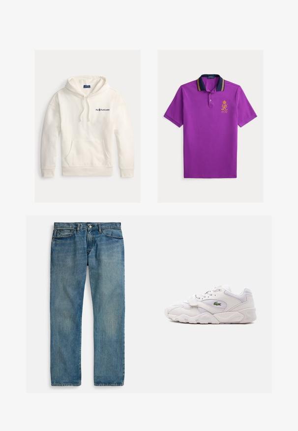 Hoodie en coton blanc avec une poche kangourou, capuche réglable, et logo "Polo Ralph Lauren" brodé sur la poitrine gauche.; Polo violet avec un col bleu marine, orné de rayures jaunes, un logo brodé en or avec une couronne et "EST. 1967" sur la poitrine.; Jean en denim bleu clair avec une coupe droite, comprenant cinq poches, une fermeture à bouton, et un délavage subtil pour la texture.; Baskets blanches de sport avec lacets et sangle Velcro, arborant un logo de crocodile vert sur le côté et une semelle épaisse et texturée.