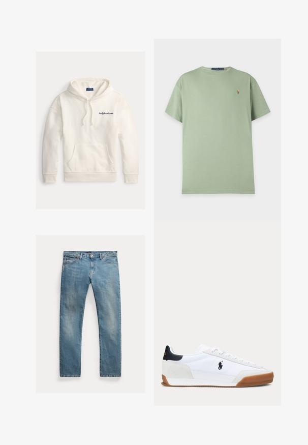 Witte katoenen hoodie met een kangoeroezak, trekkoord capuchon en een geborduurd "Polo Ralph Lauren" logo op de linkerborst.; Lichtgroen T-shirt met korte mouwen en ronde hals met klein geborduurd Polo Ralph Lauren-logo op de linkerborst.; Lichtblauwe denim jeans met een rechte pasvorm, knoopsluiting, vijf zakken, subtiele vervaging en stikselaccenten.; Witte lage sneaker met bruine zool, zwarte hielpatch en zwart polo speler logo aan de zijkant.