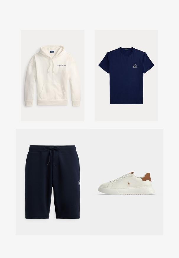 Witte katoenen hoodie met een kangoeroezak, trekkoord capuchon en een geborduurd "Polo Ralph Lauren" logo op de linkerborst.; Marineblauw T-shirt met korte mouwen en ronde hals met klein wit Polo Ralph Lauren-logo op de linkerborst.; Marineblauwe katoenen sportshorts met een elastische tailleband, trekkoord en logo-accent aan de linkerkant. Gladde textuur, tot aan de knieën.; Witte lage sneaker met een bruine hieltab, veterluiting aan de voorkant, dikke zool en klein geborduurd paardenlogo aan de zijkant.