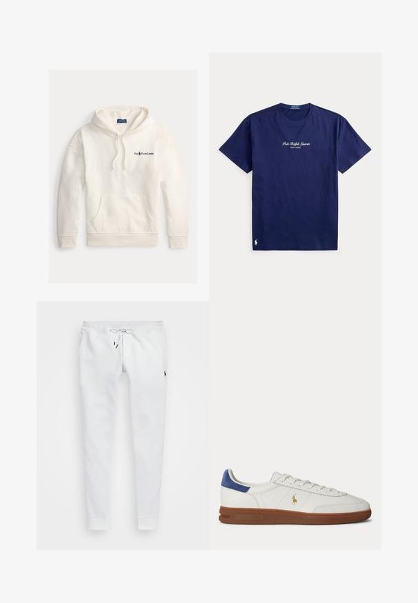 Witte katoenen hoodie met een kangoeroezak, trekkoord capuchon en een geborduurd "Polo Ralph Lauren" logo op de linkerborst.; Marineblauw T-shirt met korte mouwen en ronde hals met witte tekst "Polo Ralph Lauren New York" op de borst en klein polospelerlogo nabij de zoom.; Witte sweatpants van zacht materiaal, met een tailleband met trekkoord, zijzakken en ribgebreide manchetten. Klein logo op de dij.; Witte lage sneaker met bruine zool, blauwe hieltab, veters en gouden Polo Ralph Lauren-logo aan de zijkant.
