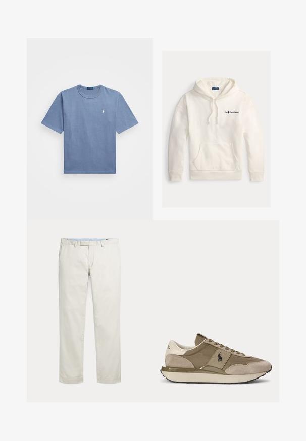 Biela bavlnená mikina s klokaním vreckom, kapucňou so šnúrkou a vyšívaným logom "Polo Ralph Lauren" na ľavej strane hrudníka.; Modrá bavlnená tričko s krátkymi rukávmi, okrúhlym výstrihom a bielym vyšitým logom na ľavej strane hrudníka. Hladká textúra, neformálny dizajn.; Krémové nohavice s rovnými nohavicami, s pútkami na opasok a skrytým predným zapínaním na jednoduchom pozadí.; Bočný pohľad na béžovo-hnedú tenisku s semišovými detailmi a logom Polo na boku na jednoduchom pozadí.