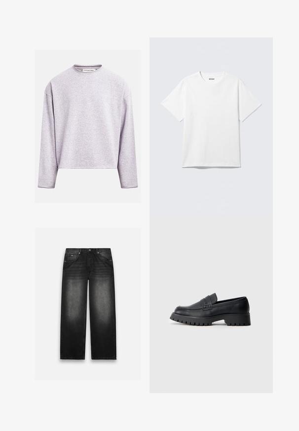Lysegrå langærmet sweatshirt med rund hals, afslappet pasform og "Redefined Rebel"-label ved kraven.; Hvid kortærmet crewneck T-shirt lagt fladt ud, ensfarvet design, med "WEEKDAY" mærkat inde i kraven på en lys baggrund.; Sorte denim jeans med bred bendesign. Har fem lommer, let falmning og solid syning. Knaphul- og lynlås-lukning.; Sorte læder loafers med en rund tå, prydet med en dekorativ rem og en kraftig gummisål med dybe riller for grip.
