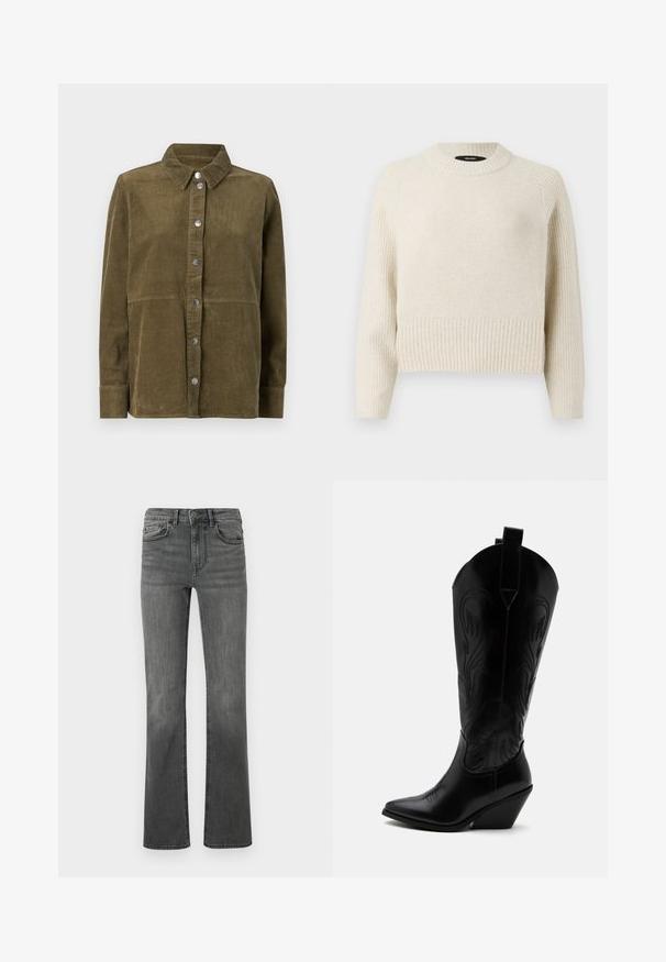 Lys beige strikket sweater med ribkant og tekstureret krop. Har rund hals og lange ærmer med en afslappet pasform.; Oliven grøn kordfløjl skjortejakke med krave, lange ærmer, sølvknapper og lodret ribbet tekstur.; Bredde jeans i mørkegrå denim med høj talje, fem lommer og en enkelt knaplukning. Glat tekstur med let falmning.; Sort læder cowboystøvle med spidst tåparti, skråt blokhælhæl, dekorative sømme og trækstropper øverst mod hvid baggrund.
