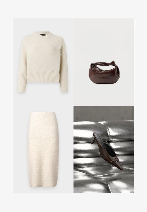 Lys beige strikket sweater med ribkant og tekstureret krop. Har rund hals og lange ærmer med en afslappet pasform.; Knalang creme nederdel lavet af et tekstureret stof, der har en tætsiddende form med en glat talje og ingen synlige lukninger.; Brun spids tå hæl mule med spænde detalje svævende over en skinnende sølv tuftet læderoverflade.; Mørkebrun læder skuldertaske med en blød, afslappet form og et snoet knudehåndtag på en ensartet hvid baggrund.