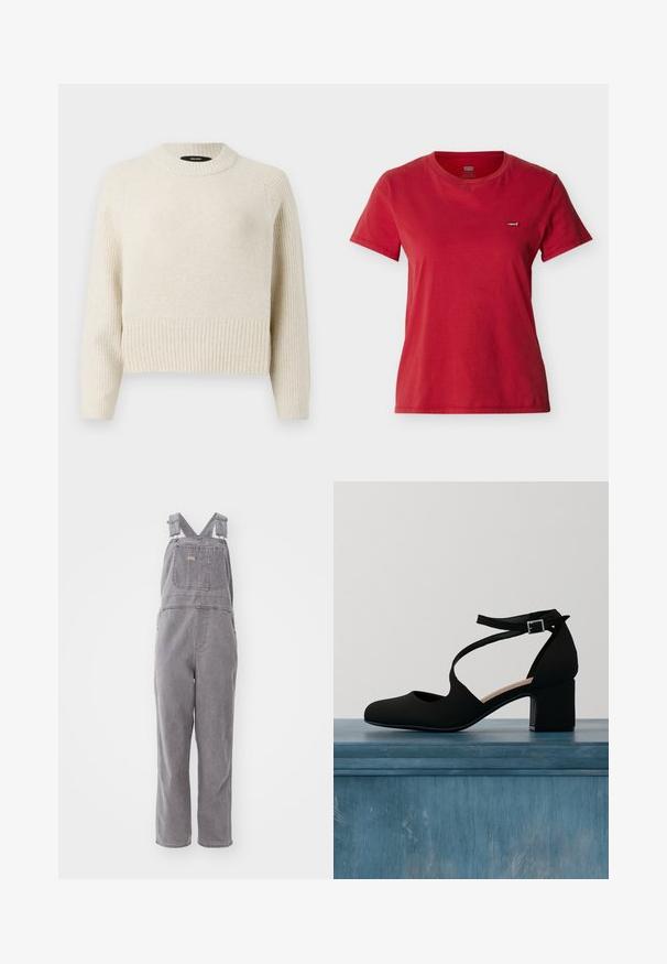 Hellbeige gestrickter Pullover mit einem gerippten Saum und texturiertem Oberteil. Verfügt über einen Rundhalsausschnitt und lange Ärmel mit einem lockeren Schnitt.; Rotes Levi's T-Shirt mit kurzen Ärmeln und rundem Hals, mit kleinem Logopatch auf der linken Brust, vor einem schlichten hellen Hintergrund dargestellt.; Graue Denim-Overalls mit verstellbaren Trägern, einer Brusttasche und einer lockeren Passform. Sie verfügen über gerade geschnittene Beine und eine durchgehende unifarbene Gestaltung.; Schwarze Mary Jane Schuhe mit Knöchelriemen und Blockabsatz, schwebend über einem strukturierten Boden, mit einem verschwommenen Hintergrund und teilweise sichtbaren Pflanzenblättern.