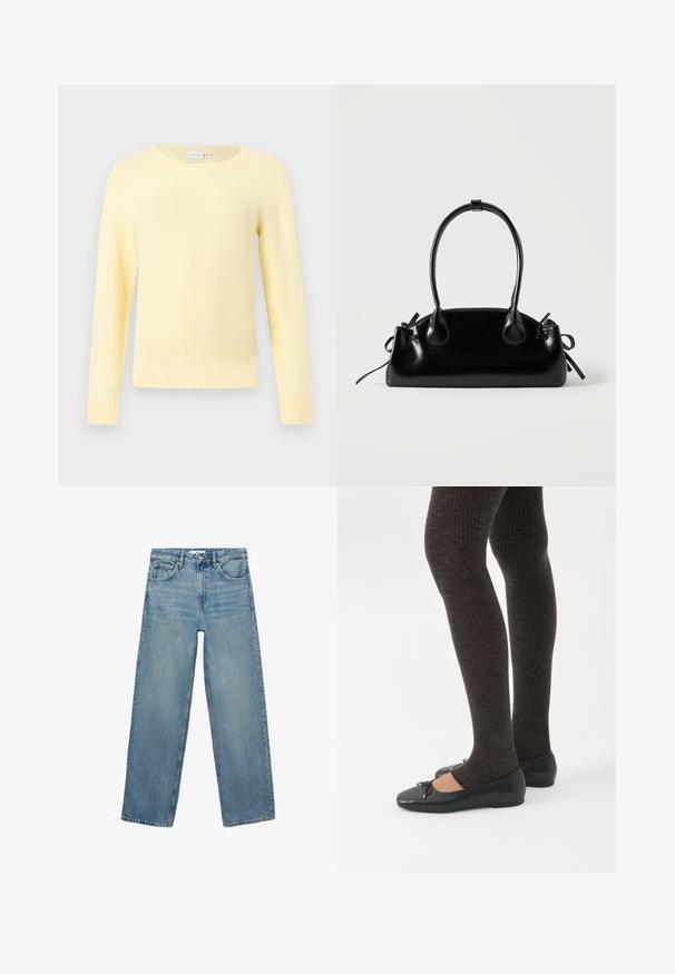 Lysegul langærmet strikket sweater med rund halsudskæring og ribstrikkede manchetter og kant, vist på en ensfarvet lysegrå baggrund.; Lyseblå denim jeans med lige ben, høj talje, fem lommer og kontraststing. Ingen dekorationer eller mønstre er til stede.; Ben iført mørke ribbede leggings kombineret med sorte balletsko med små sløjfedetaljer på hvid baggrund.; Lille sort blank håndtaske med to lange håndtag og snøre-detaljer i siden på en ensfarvet lys baggrund.