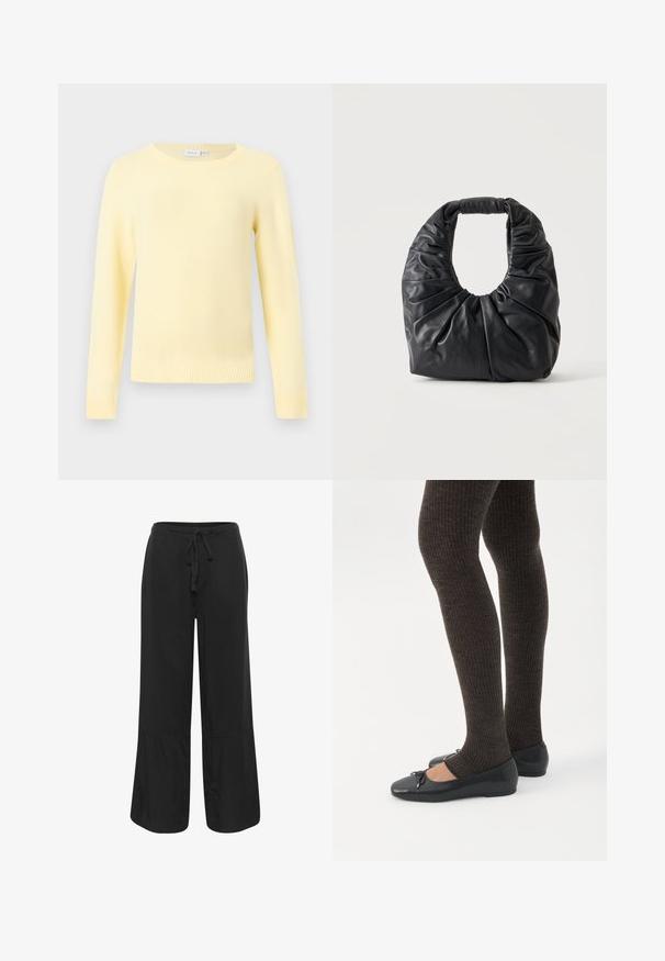 Lichtgele, lange mouwen, trui van gebreide stof met ronde hals en geribbelde boorden en zoom, afgebeeld tegen een effen lichtgrijze achtergrond.; Culture CUNAVI CLARINA - Broek - black; Benen met donkere geribbelde leggings gecombineerd met zwarte ballerina's met kleine strikdetails op een witte achtergrond.; Zwarte zachte leren schoudertas met samengeplooide plooien en afgeronde handgreep, rechtopstaand op een effen lichte achtergrond.