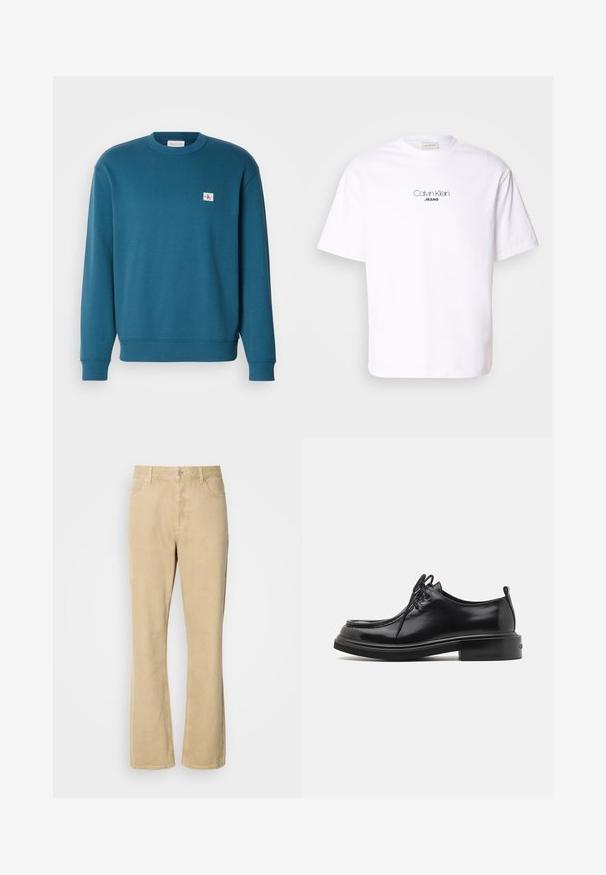Sweatshirt turquoise en tissu doux, avec un col rond, des manches longues, des poignets côtelés et un petit patch logo sur la poitrine.; T-shirt en coton blanc avec un col rond et des manches courtes. L'avant présente "Calvin Klein" dans une police minimaliste au-dessus de "JEANS."; Pantalons en velours côtelé beige évasés avec une fermeture à bouton et à fermeture éclair, comportant cinq poches et des coutures visibles le long des jambes. Texture lisse.; Calvin Klein LACE UP APRON BRUSH OFF - Derbies - black
