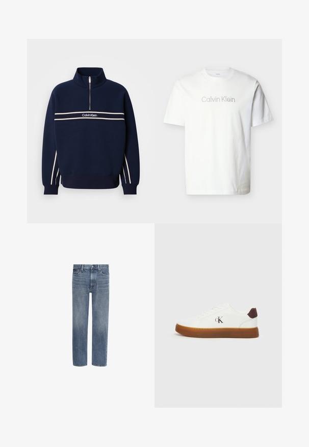 Marineblauwe sweatshirt met een halve ritssluiting bij de kraag, witte strepen over de borst en branding in het midden. Gebreide textuur met geribbelde boorden.; Witte korte mouw t-shirt van katoen, met een grijze "Calvin Klein"-logo over de borst in een minimalistisch lettertype.; Blauwe spijkerbroek met rechte pijpen, voorzakken, riemlussen en een knoopsluiting.; Witte sneakers met een rubberen gum zool, platte veters en een bruine suède hakaccent. Voorzien van een subtiele geperforeerde "cK" logo aan de zijkant.